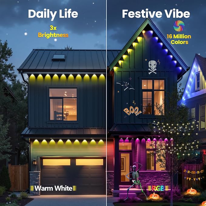 Permanent Outdoor Lights for House 100ft RGB+IC Eave Lights | IP67 Waterproof Smart LED Outdoor Lights with 16M Colors, App/Remote Control for Christmas, Halloween, Daily, Party
