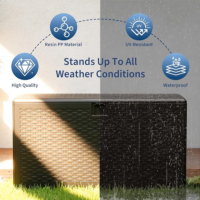 73 Gallon Resin Deck Storage Box, Lockable Outdoor Storage Container for Patio, Garden Tools, Pool Toys & Furniture Cushions, All-Weather HDPE Storage Chest with Handles and Woven Strap Design, Brown