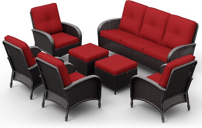 Joyside Wicker Patio Furniture Set, 7 Piece Outdoor Furniture Set with Thickened Cushions, High Back, Deep Seating, Wide Armrest, Rattan Outdoor Chairs for Porch, Deck