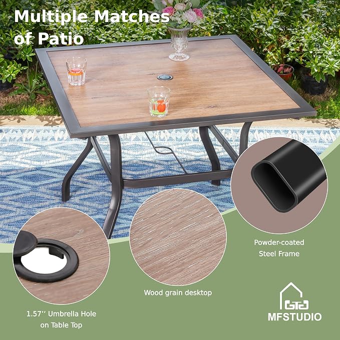 MFSTUDIO 5-Piece Patio Dining Set, 6 Metal Cushioned Chairs, Umbrella Hole | 37" Square Wood-Look Metal Table, Black