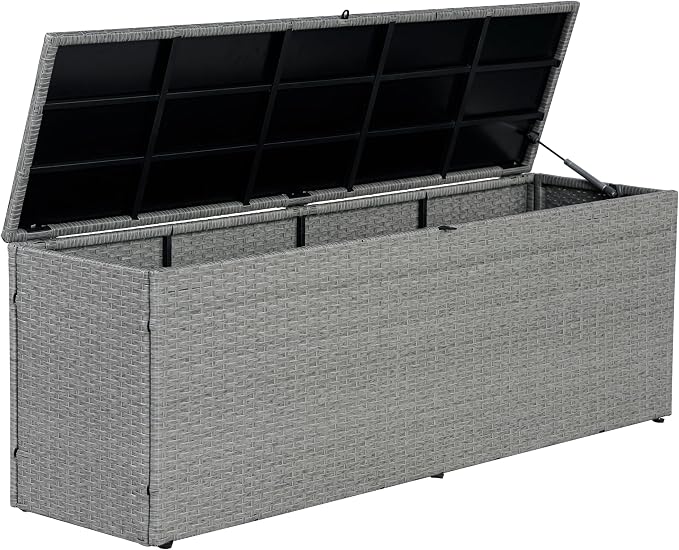 happimess TRK1002A Nino 59.06" Modern Minimalist Outdoor Faux Wicker Deck and Patio Storage Box, Gray, Soft-Close, for Package Delivery, Patio Furniture, Cushions, Gardening Tools, Pool Supplies