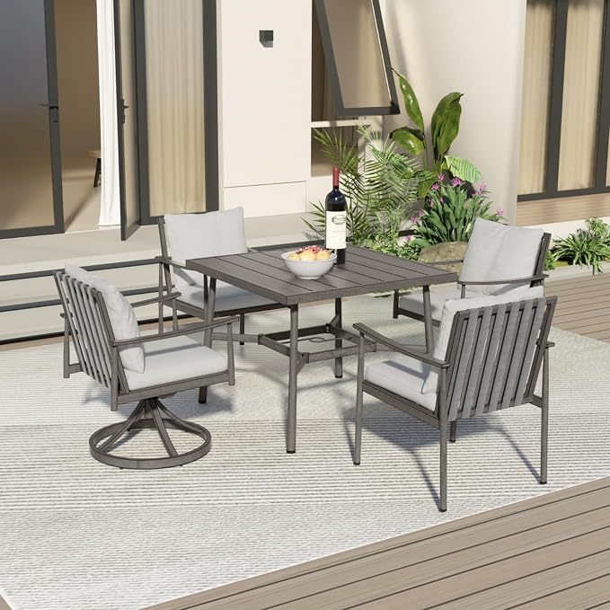 5-Piece Outdoor Dining Set - Aluminum Patio Dining Set with Rope Backrest,2 Swivel Rocking Chairs,2 Fixed Chairs and Square Table with Umbrella Hole,Removable Cushion for Lawn Porch Yard,Grey