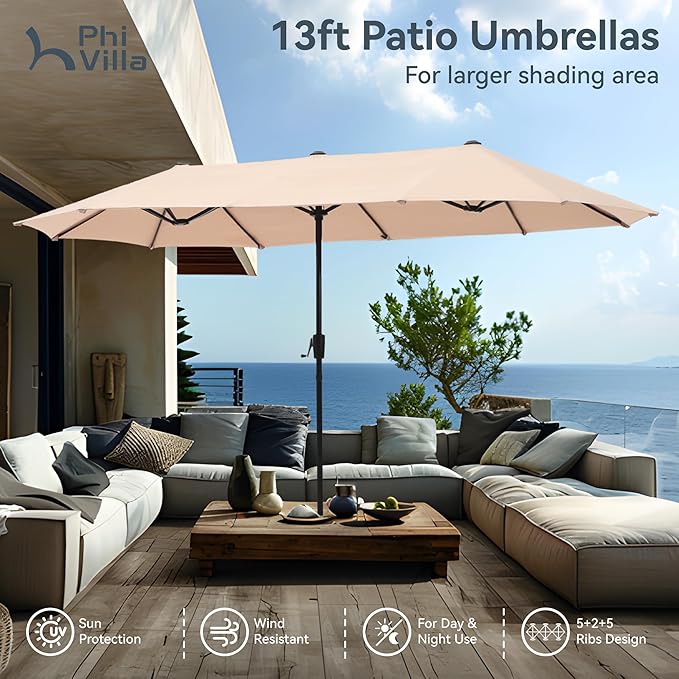 PHI VILLA Patio Dining Furniture Set with Umbrella, Outdoor Table and Chairs for 6 with Adjustable Foldable Black Chairs & Metal Table for Garden Deck (Beige Umbrella Without Base)
