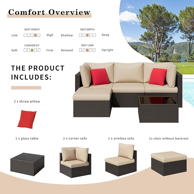 Shintenchi 5 Pieces Patio Furniture Sets Outdoor All-Weather Sectional Patio Sofa Set PE Rattan Manual Weaving Wicker Patio Conversation Set with Glass Table&Ottoman Cushion and Red Pillows, Beige