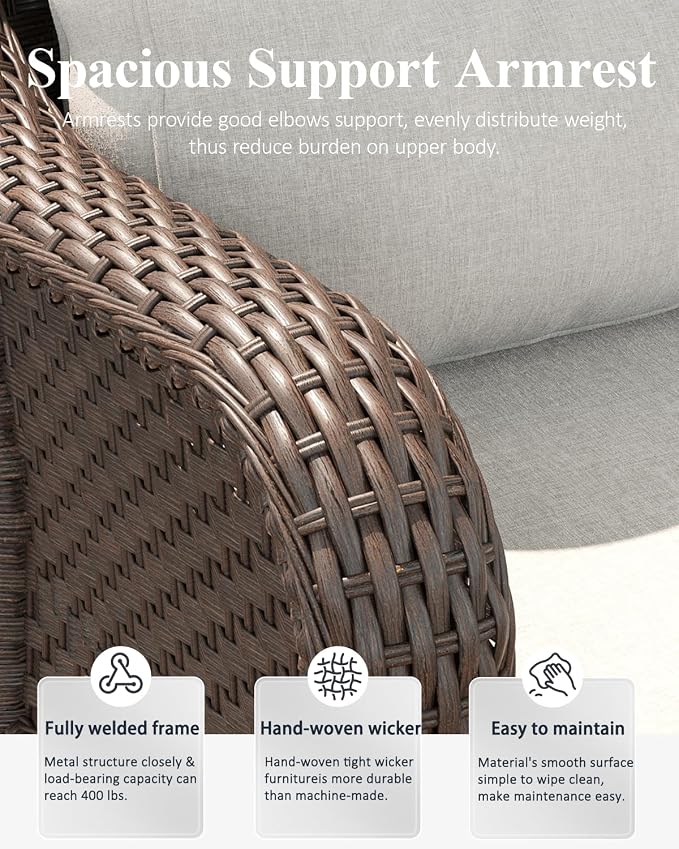 LayinSun 5 Piece Wicker Outdoor Furniture Set with 6-inch Comfy Cushions, High Back Patio Furniture Set with Swivel Rocking Chairs and Side Table
