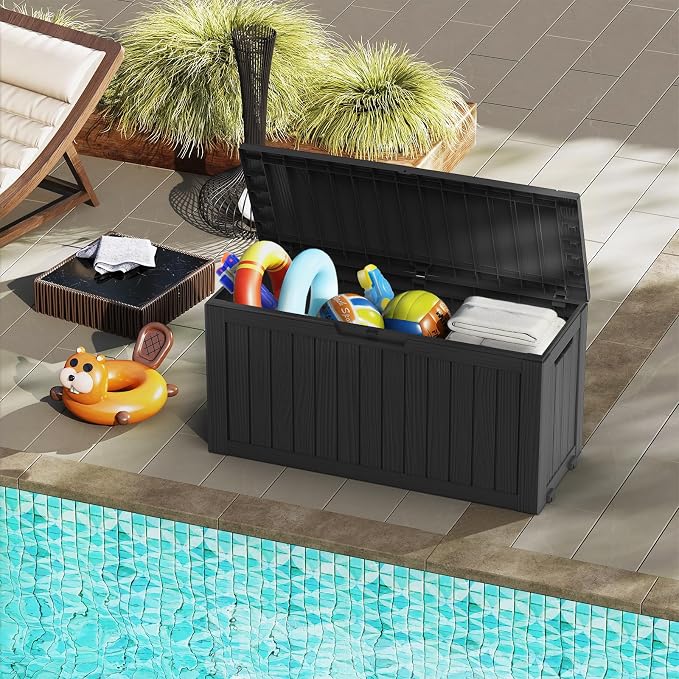Mars Villa 72 Gallon Deck Box, Waterproof Weatherproof and UV Resistant Resin Storage Bin with Lockable Lid, Ideal for Outdoor Patio Furniture Cushions, Pool Supplies, Garden Tools, Black