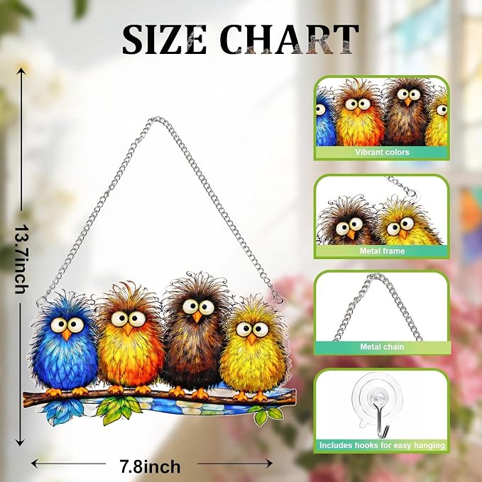 Stained Glass Window Hanging - Funny Fluffy Birds Suncatcher for Windows Doors Home Decor, Colorful Crazy Birds on Branch Sun Catcher Gift for Women Mom Nana Bird Lovers Christmas Mother's Day 7.8 in