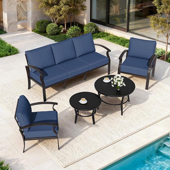 ALAULM Aluminum Patio Furniture Set with Round Coffee Tables, 5-seat Outdoor Sectional Furniture w/5.1" Cushions, Patio Conversation Set for Porch, Backyard, Poolside-Dark Blue