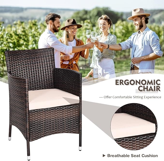Tangkula Patio Furniture Set 3 Piece, Outdoor Wicker Rattan Conversation Set with Coffee Table, Chairs & Thick Cushions, Suitable for Patio Garden Lawn Backyard Pool (Off-White)