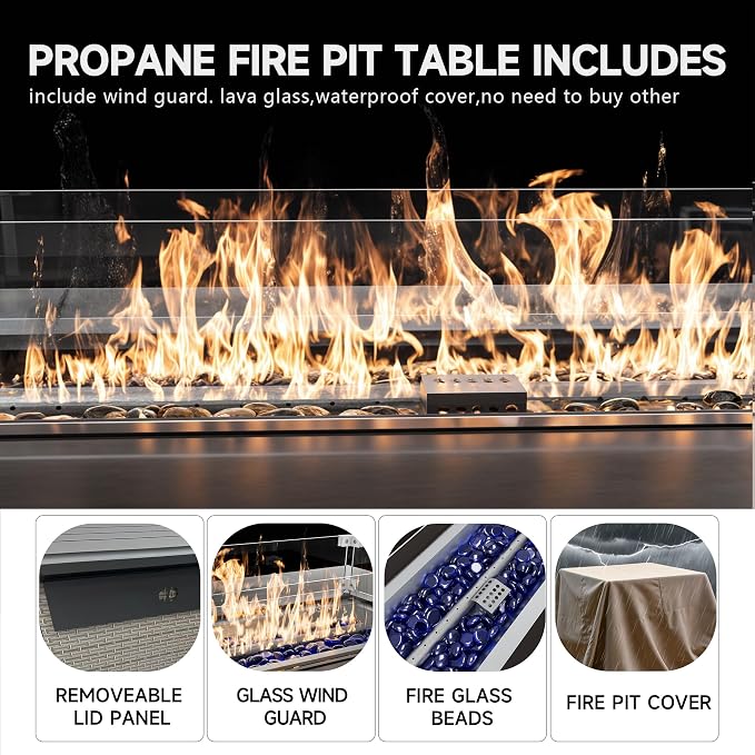 7-Piece Outdoor Patio Furniture Set with Fire Pit, Modular Sectional Sofa Set with Glass Coffee Table and Cushions, Wicker Outdoor Couch Conversation Sets, Khaki