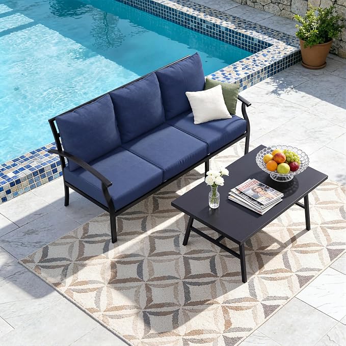 Kullavik Patio Furniture Set,2 Piece Metal Outdoor Patio Furniture Set,All Weather Modern Patio Conversation Sets w/3 Seater Sofa and Coffee Table for Balcony Deck,NavyBlue