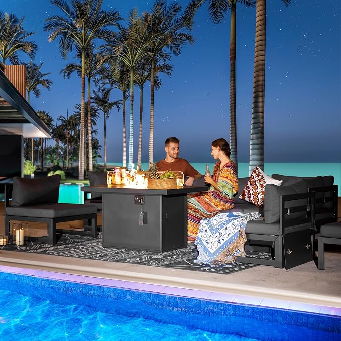 RADIATA 9 Pcs Modern Aluminum Outdoor Patio Furniture Set with Fire Pit Table Propane/Gas, Extra Large All-Weather Modular Sectional Couch, 29" Wide Deep Seating Conversation Sofa for Deck, Dark Grey