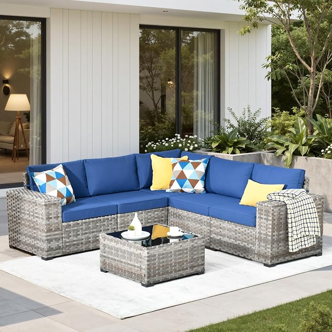 6 Pieces Patio Furniture Set, Wicker Outdoor Sectional Sofa with Coffee Table Comfy Cushions, Modern Modular Deep Seat Rattan Couch Conversation Set for Backyard Porch Yard,Navy Blue