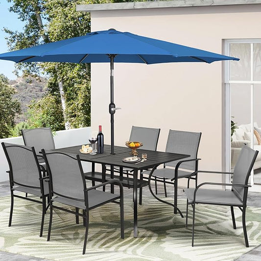 Crownland 7 Piece Patio Dining Set, Outdoor Textilene Dining Sets, 6 Textilene Metal Chairs and Rectangular Outdoor Dining Table with Dark Blue 9FT Round Outdoor Umbrella (Grey)