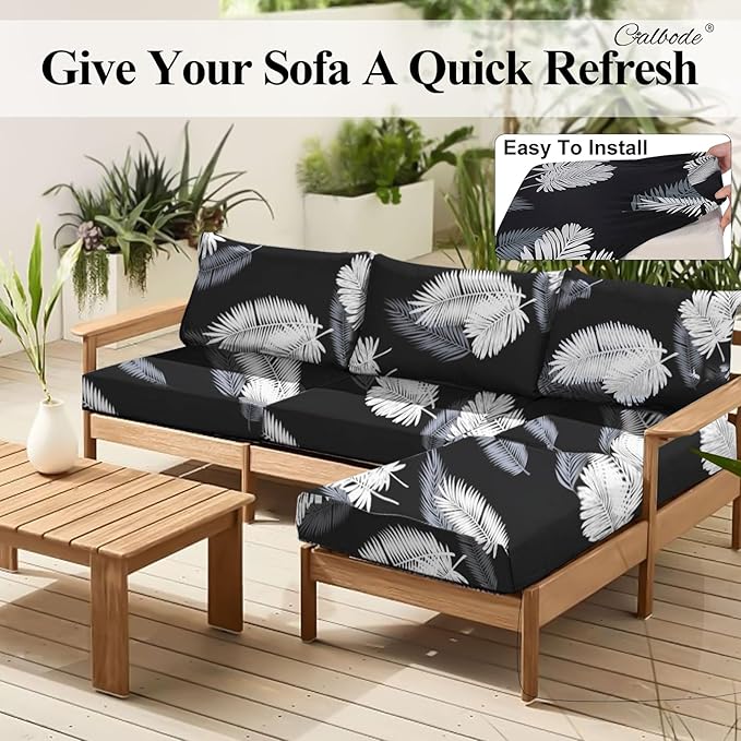 CALBODE 12Pcs Stretch Patio Cushion Covers Dustproof Outdoor Cushion Covers Washable Patio Couch Cover Slipcovers for Outdoor Furniture Protector Replacement(Black Palm Leaves, Cover Only)