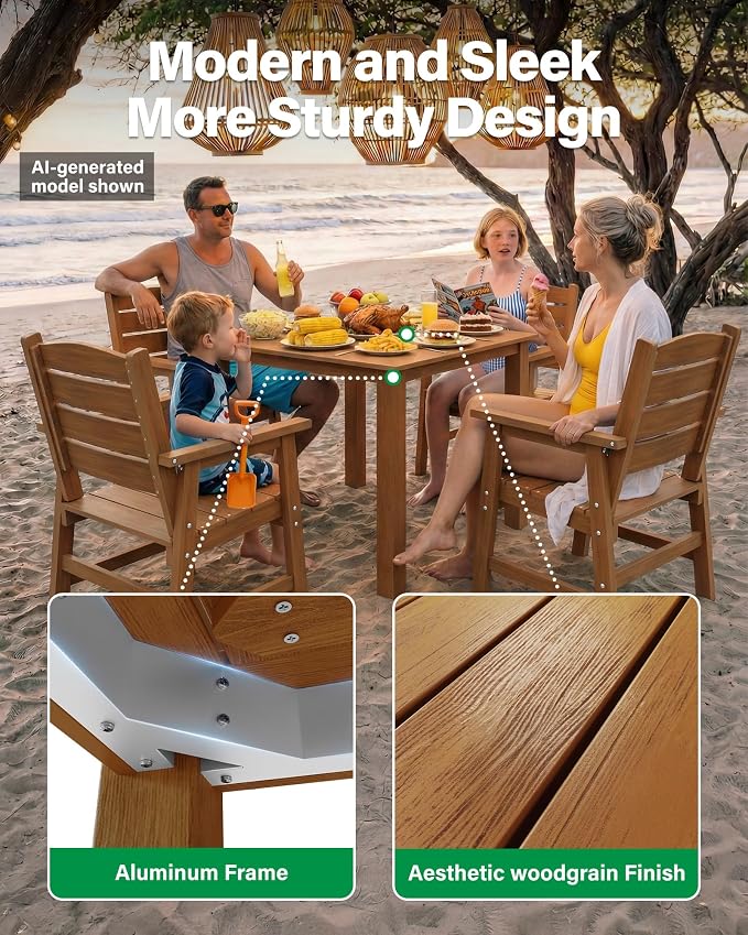 YEFU Patio Dining Chairs Set of 2： Modern All Weather Outdoor Dining Chairs - HIPS Plastic Patio Outdoor Chairs Waterproof Easy-Clean - Patio Furniture for Poolside Garden Yard(Teak)