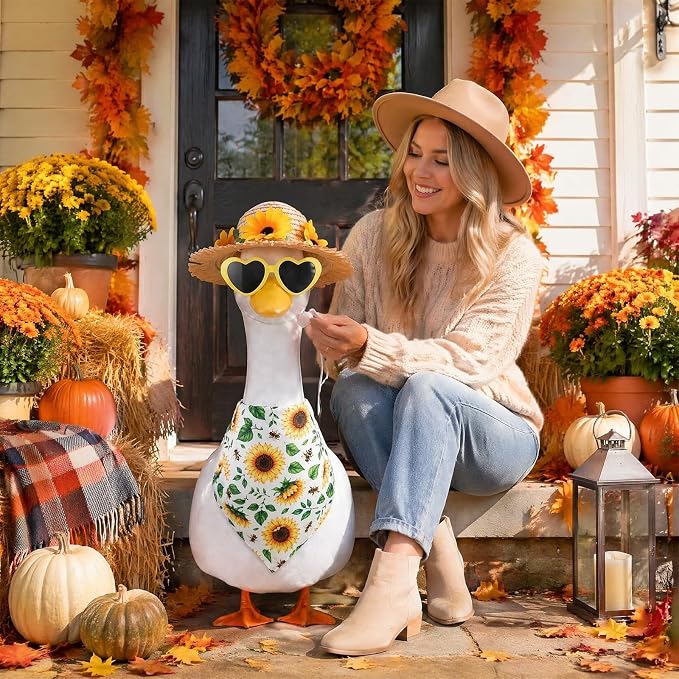 3Pcs Sunflower Outfit for Porch Goose - Fall Autumn Bowknot Straw Hat, Glasses with Bib Accessories for 23'' Cement Statue, Garden Lawn Thanksgiving Halloween Outdoor Decoration
