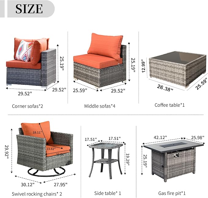 HOOOWOOO 11 Piece Patio Sectional Furniture Set with Fire Pit Table,Modern Wicker Outdoor Conversation Sofa Sets,Weather Resistant Modular L Shaped Outside Couch Swivel Chairs Set(Orange Red)