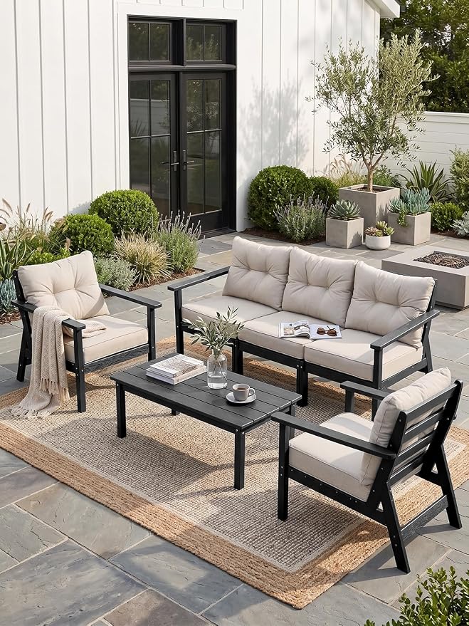 HDPE Patio Conversation Set 7 Seats, Outdoor Furniture Set, Patio Sofa Set | Water-Resistant Thick Cushion, HDPE All Weather, Wood-Grain, No Rot or Rust or Crack, UV Fade Shield, Easy-Clean for Outside