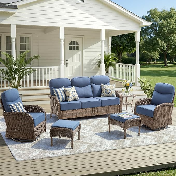 Luxury Outdoor Patio Furniture Set with 6-Inch Thick Cushions, 6 Pieces All-Weather Wicker Outdoor Furniture with Outdoor Rocking Chair, Outdoor Patio Conversation Sets for Garden Porch Deck, Blue