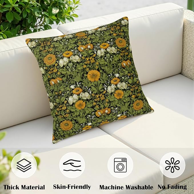 Dark Green Plant Floral Pillow Covers 16x16 Sage Green Botanical Throw Pillow Covers Fern Leaf White Orange Flowers Pillowcase Vintage Wildflower Cushion Case for Couch Sofa 2 Pack