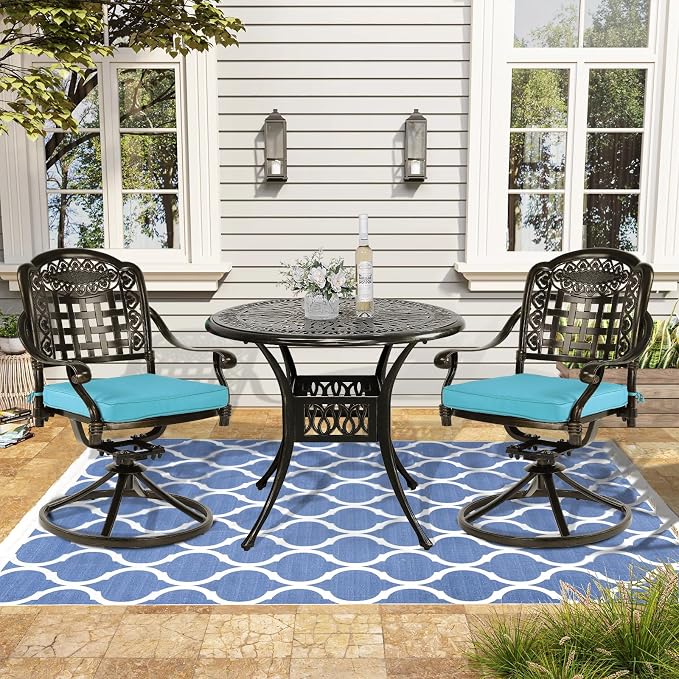 VIVIJASON 3-Piece Patio Bistro Set, Outdoor All-Weather Cast Aluminum Furniture Dining Set, Include 2 Swivel Chairs and 34.5" Round Table w/Umbrella Hole for Balcony, Lawn, Garden (Ocean Blue Cushion)