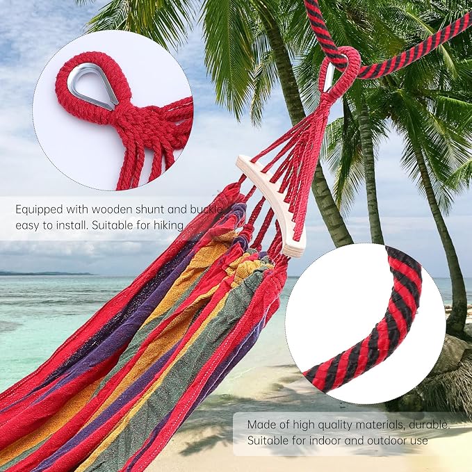 KALLORY Outdoor Striped Canvas Camping Hammock with Curved Rod and Duckbill Buckle, Single Portable Travel Hammock 190x150cm with Hanging Ropes and Storage Bag for Hiking and Backyard Use