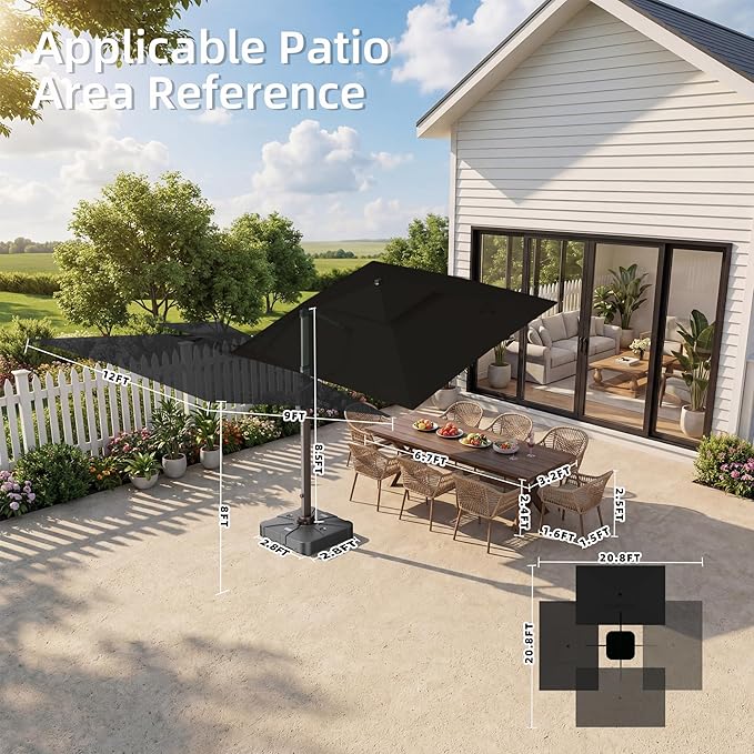 9' X 12' Patio Umbrella with Weighted Base and LED Lights Outdoor Cantilever Large Rectangle Offset Umbrellas Heavy Duty Aluminum Double Top with 360-degree Rotation for Pool Garden Deck, Black