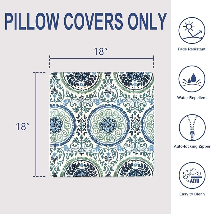 Outdoor Throw Pillow Covers Pack of 2, Decorative Water Repellent Square Pillow Cases with Piping 18x18 Inch, Celadon Wreath