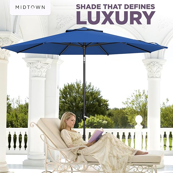 Midtown Umbrellas - The Lean 10 Ft Patio Umbrella with Fade-Resistant Sunbrella Fabric, Auto-Tilt Aluminum Frame and 8 Reinforced Ribs for Deck, Pool & Garden - Dark Blue Canopy, Black Pole