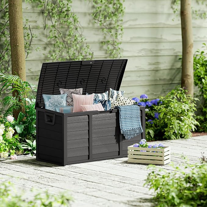 75 Gallon Outdoor Deck Box – Heavy Duty Waterproof Storage with Lockable Lid, UV & Weather Resistant Resin for Patio Furniture, Cushions(Black)
