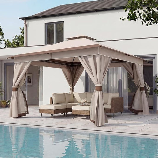 LAUSAINT HOME 12'x12' Outdoor Gazebo, Metal Frame Heavy Duty Patio Canopy Tent Shelter with Double Roofs, Mosquito Nettings and Privacy Screens for Backyard, Garden, Lawn, Classic Khaki