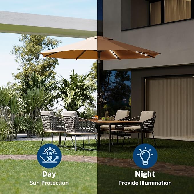 10 ft Patio Umbrella with Solar Lights, Outdoor LED Lighted Umbrella, 40 LED Lights & Tilt Crank, 8 Ribs for Poolside, Deck, Backyard