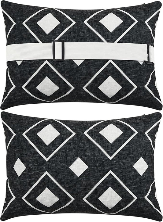 Juexica 2 Pack Chaise Lounge Pillow with Strap Outdoor Waterproof Beach Chair Neck Headrest Pillow Adjustable Elastic Band for Hammock Lumbar Recliner Pillows for Patio Pool Chair(White and Black)