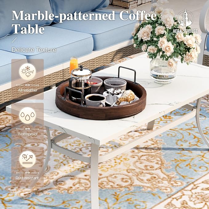 HERA'S HOUSE Patio Furniture Set with Metal & Rattan Design 4-Piece, 2 x Rocking Chairs, 1 x 3-Seat Sofa & Marble Coffee Table, All-Weather Outdoor Conversation Set for Garden Backyard Lawn, Blue