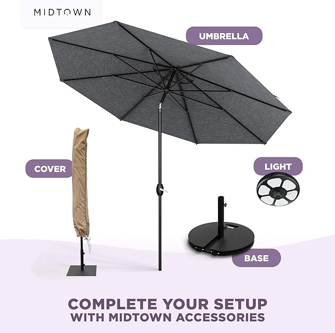 Midtown Umbrellas 10-Year-No-Fade - 8 Ft - UV Proof Heather Grey Polyester Fabric - Umbrella Outdoor Patio, Auto-Tilt Aluminum Frame Patio Umbrella for Garden, Pool & Deck - Black Pole