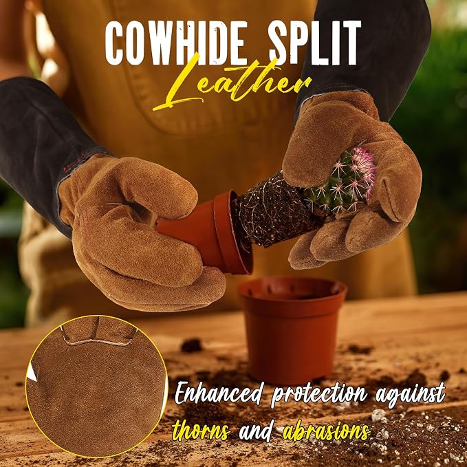 HANDLANDY Rose Pruning Gloves for Men Women, Thorn Proof Gardening Gloves | Long Leather Gardening Gloves, Breathable Leather Gauntlet, Best Garden Gifts & Tools for Gardener (Caramel Brown, M)