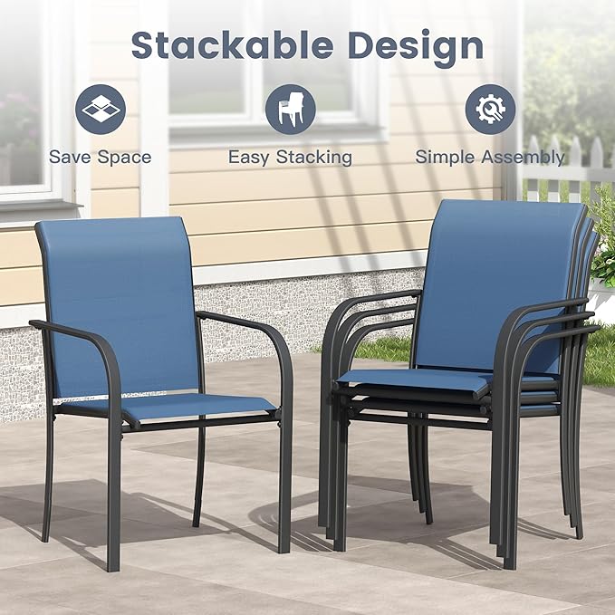 VICLLAX 5 Pieces Patio Outdoor Dining Set, 40.6" Round Metal Table with Umbrella Hole and 4 Stackable Textilene Chairs for Patio, Lawn, Garden, Porch, Black/Dark Blue