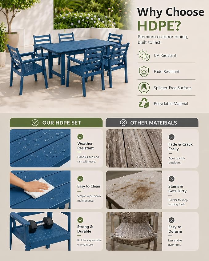 7 Piece HDPE Outdoor Dining Set for 6, Patio Dining Furniture Set with 2” Umbrella Hole, Weather Resistant Outdoor Table and Chairs for Garden, Poolside, Backyard, Deck