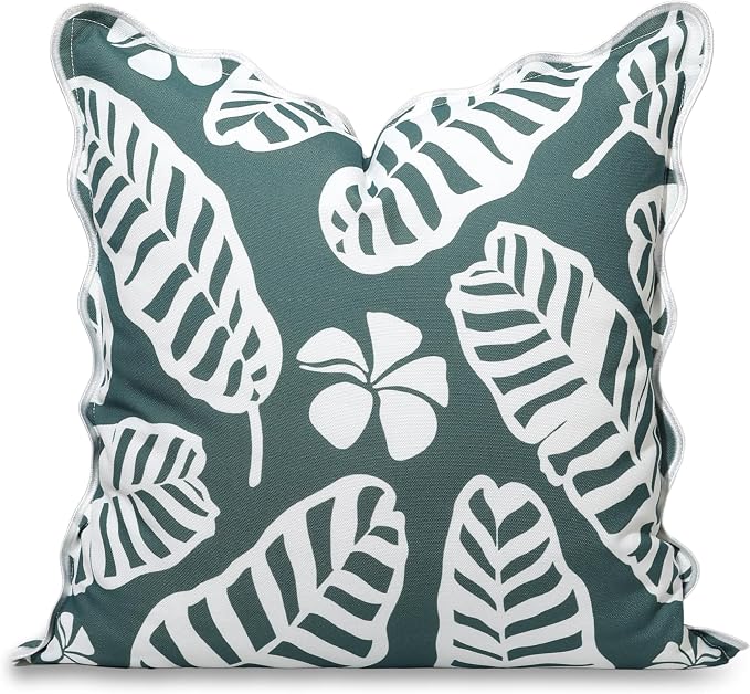Hofdeco Premium Coastal Hampton Patio Indoor Outdoor Throw Pillow Cover Only, 20"x20" Water Repellent for Backyard, Couch, Poolside, Forest Green Print Palm Leaves and Hisbucs Flowers