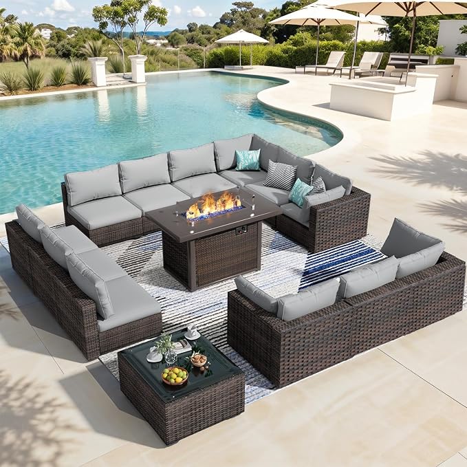 Patio Furniture Set 14 Pieces with 44" Fire Pit Table, Rattan Outdoor Sectional Conversation Sets, All Weather Outdoor Furniture Set with Cushions for Garden Lawn Balcony Porch Deck Grey