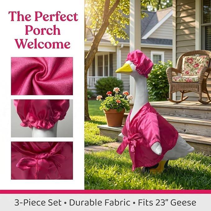 holoith Porch Goose Outfit for 23 Inch Concrete Cement Goose Statue | Lady Bathrobe Goose Clothes Set with Pink Bathrobe & Shower Cap, Summer Goose Costume for Lawn Yard Garden Patio Decor
