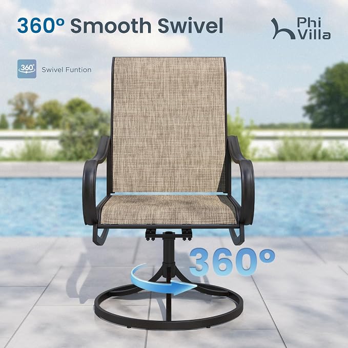 PHI VILLA Patio Furniture Set with Umbrella for 4,Swivel Mesh Dining Chairs | Includes 1 square metal table, 4 breathable textilene chairs and 10ft orange red umbrella, for deck, backyard, garden