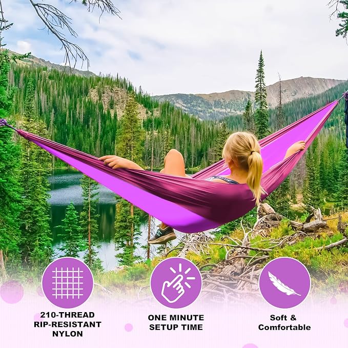 SZHLUX Camping Hammock Double & Single Portable Hammocks with 2 Tree Straps, Great for Hiking,Backpacking,Hunting,Outdoor,Beach,Camping,Purple / Pink