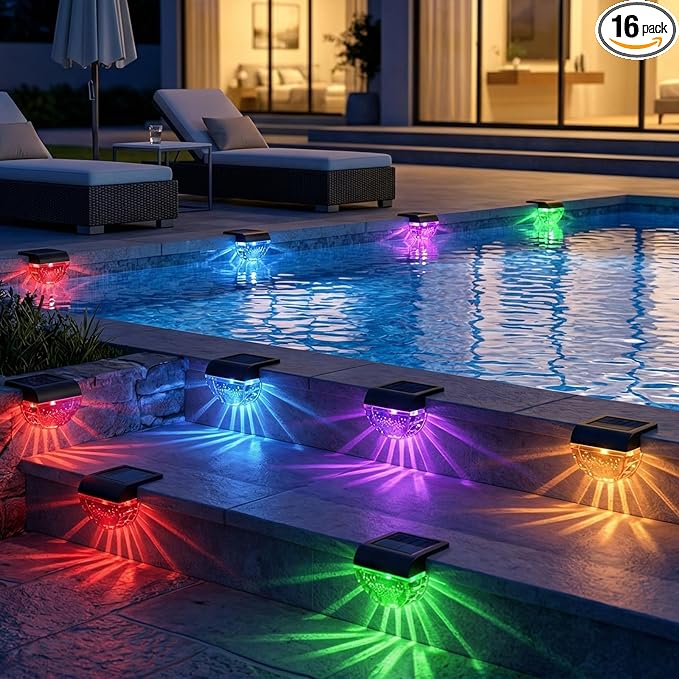 Melunar 16 Pack Solar Deck Lights Outdoor, Solar Step Lights Waterproof for Outside, Yard, Patio, Garden, Pool, Railing, Stairs, Fence (Color Changing)