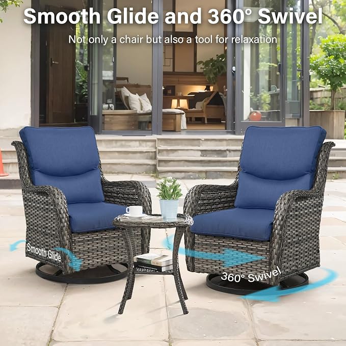 Outdoor Swivel Rocker Patio Chairs Set of 5 with Loveseat - 5" Thick Cushion 5 Piece Furniture Set with Sofa All Weather Wicker Conversation Set for Porch Deck - Grey Wicker | Blue Cushions