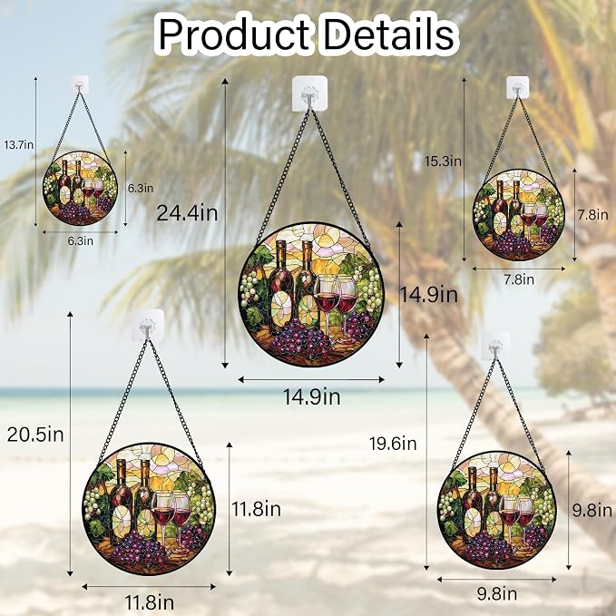 DASTOLL Stained Glass Window Hanging, Grapes and Wine Suncatcher Diamond Glass Panel Hangings Sun Catchers Decor for Birthday for Women, Men, Wife, Aunt, and Mom 14.9x14.9 in