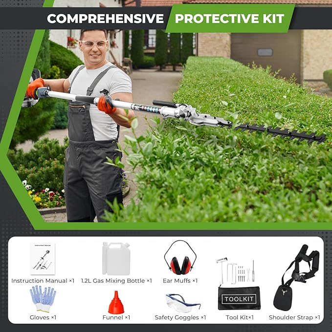 6-in-1 Multi-Functional Gas Powered Weed Wacker, 52CC 2-Stroke Gas Weed Eater String Trimmer, Hedge Trimmer, Pole Saw, Brush Cutter Blade, Safety Lock & Shoulder Strap for Garden, Yard