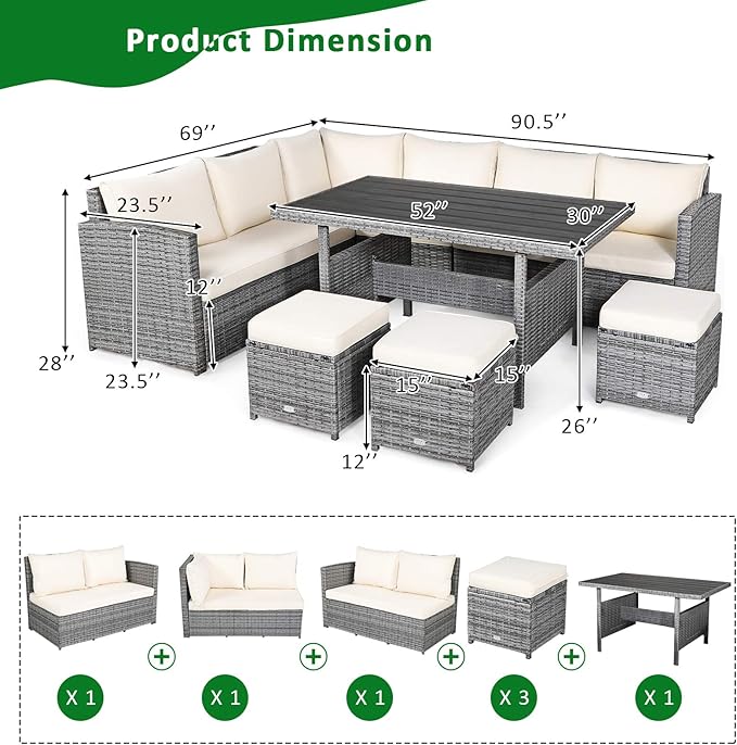 Tangkula 7 Pieces Patio Furniture Set, Outdoor Sectional Rattan Sofa Set with Cushions, All Weather Wicker Conversation Couch Set w/Dining Table & Ottomans for Backyard Garden Poolside (White)