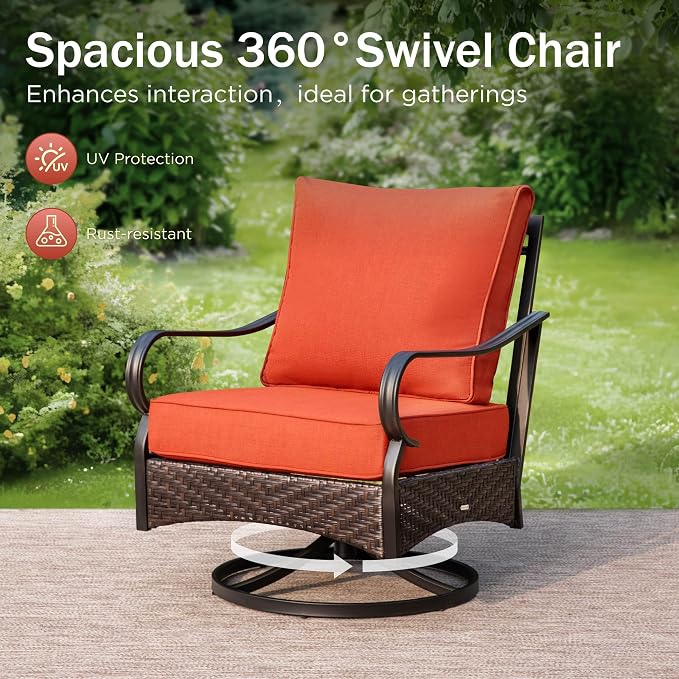 Patio Furniture Set with 32" Fire Pit Table, Patio Conversation Sets 4 Swivel Chairs with Thick Cushion and 50000 BTU Fire Pit Table (5 Pieces,Red